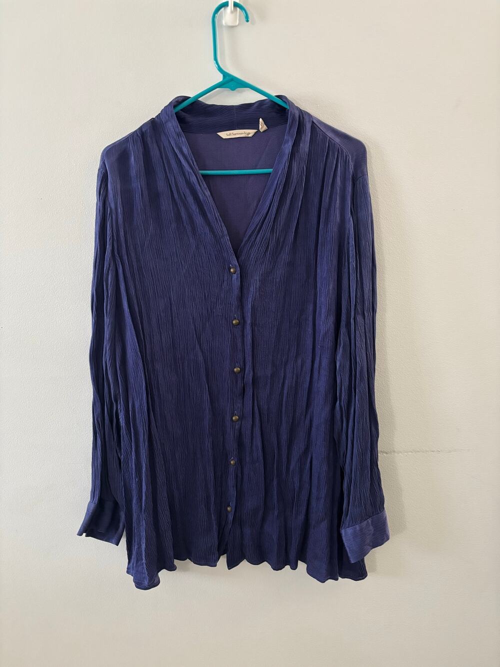 Soft Surroundings Womens Roxana Crinkle Button Down Top 3X Blue Textured Blouse